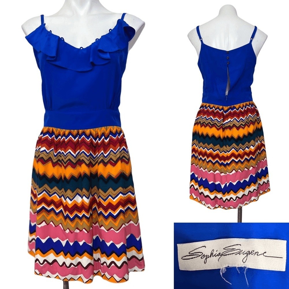 Anthropologie Sophia Eugene BLUE Geometric SILK CASUAL SUMMER DRESS SIZE M/6
